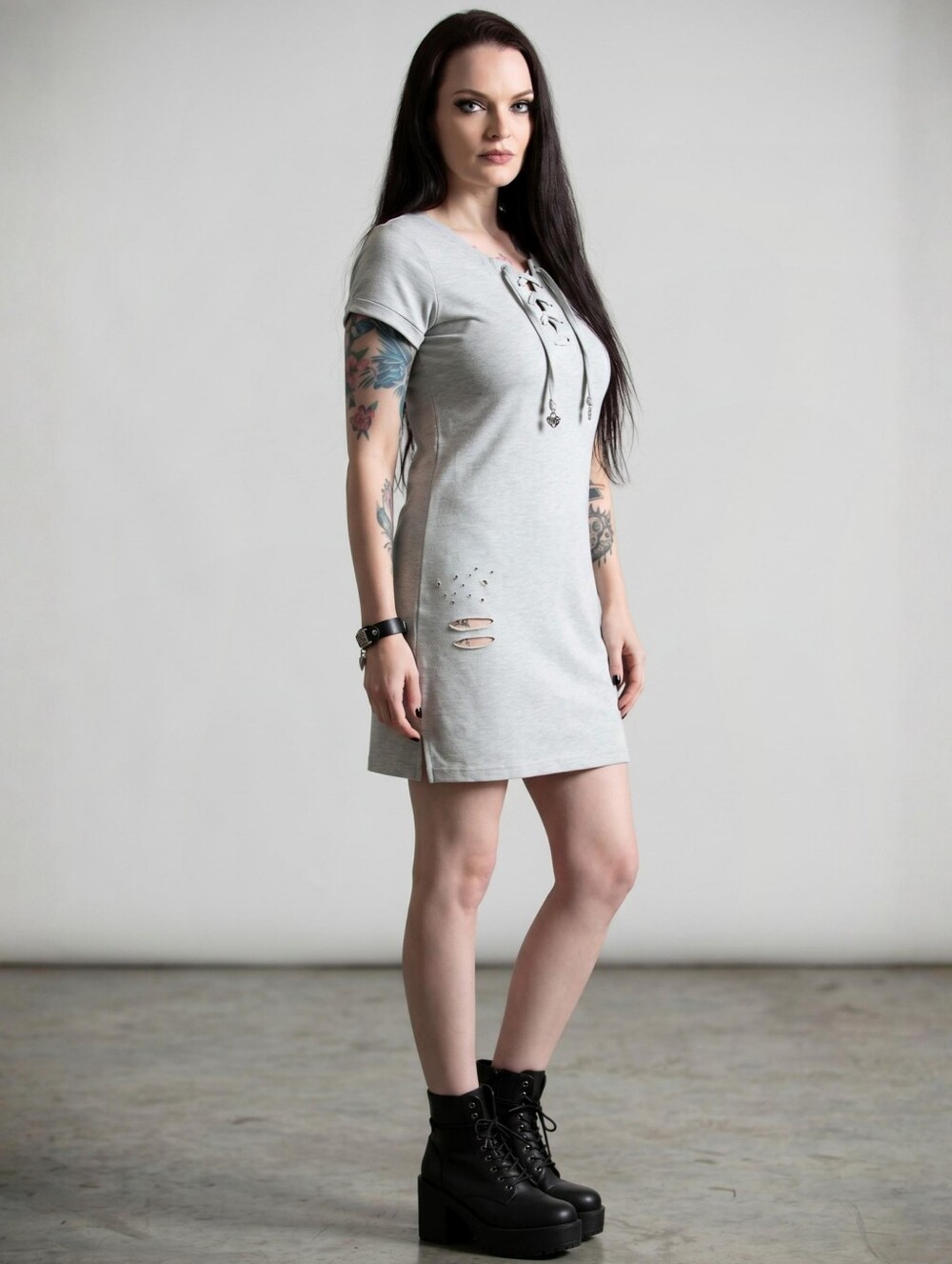 Almost Famous ✦ Grey Sweatshirt Dress ✦ Lace-Up Neckline Distressed Details L